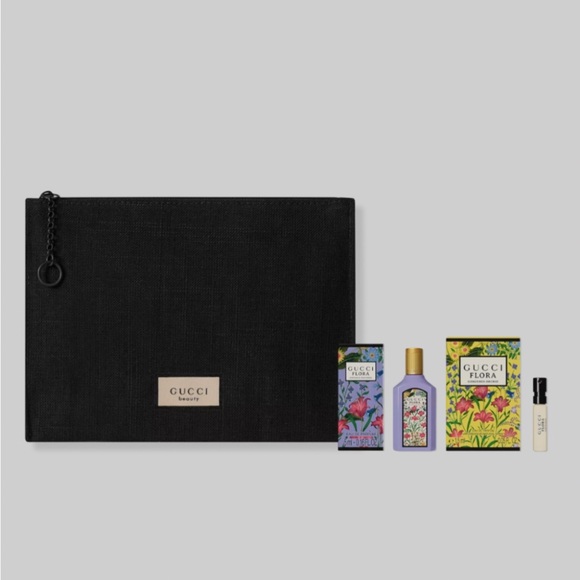 Gucci Other - Gucci Black Cosmetic Bag with Floral Beauty Set